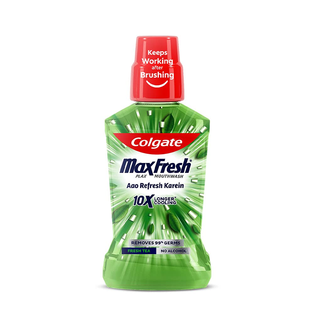 Colgate Maxfresh Plax Antibacterial Mouthwash, 24/7 Fresh Breath with Natural tea extracts, Alcohol Free Mouth Wash Liquid fo