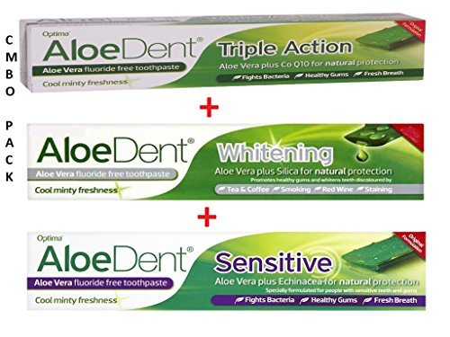 AloeDent Triple Action & Whitening & Sensitive Aloe Vera Fluoride-Free Toothpaste 100ml ||COMBO PACK by Aloe Dent