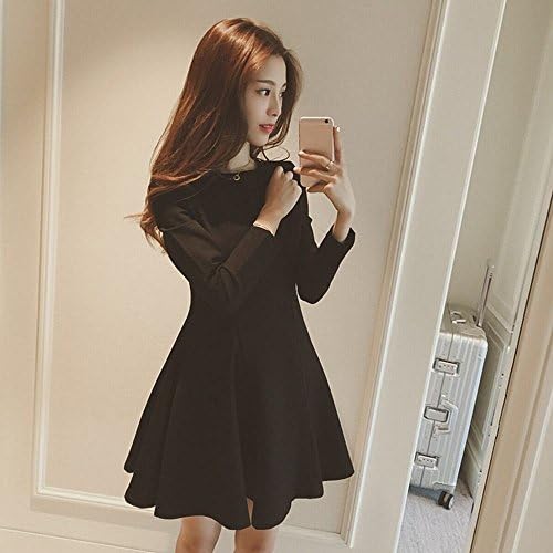Y dress Fashion Autumn and Winter Slim Was Thin and Rounded Round Neck Puffed Dress,Black,S