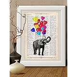 Kunstdrucke Elefant Luftballon, Heißluftballo auf Antike Buchseite, #EB08