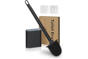 Athyior Silicone Toilet Brush with Holder Set - Flexible Bristles Toilet Brush Bendable Quick Drying Flooring Wall Mounted Long Handle Hygienic Deep Cleaner Anti-drip for Toilet Bathroom, Black