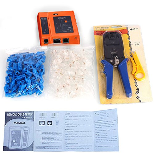 Aimtech® Kabeltester 3 in 1 Crimp Crimper +100 RJ45 RJ11 CAT5 CAT5e Verbindungsstück -Stecker Abisolierzange Network Tool Set