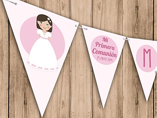 Guirnalda para Primera Comunión niña, en color rosa. Guirnalda decorativa. Banderines para fiestas. NAC001