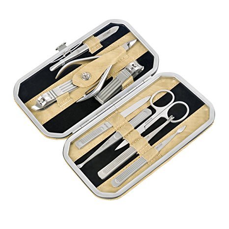 ETTG All in 1 Stainless Steel Personal Manicure Pedicure Ear Pick Nail-clippers Set Travel Grooming Kit Travel & Grooming Set Personal Care Tools with Leather Case (9 pcs-mini pack)