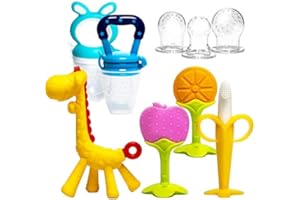 HONGTEYA Teething Toys for Baby (6 Pack) 4 Teethers for Babies 2 Fruit Feeders for Newborn BPA Free Natural Organic Silicone Baby Teethers Massage Set (Blue)