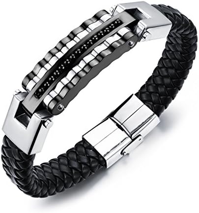 Ilove EU Round Stainless Steel Genuine Leather Bracelet Bangle Cuff Silver Black Stripes Motorbike Rider Biker Punk Rock Men