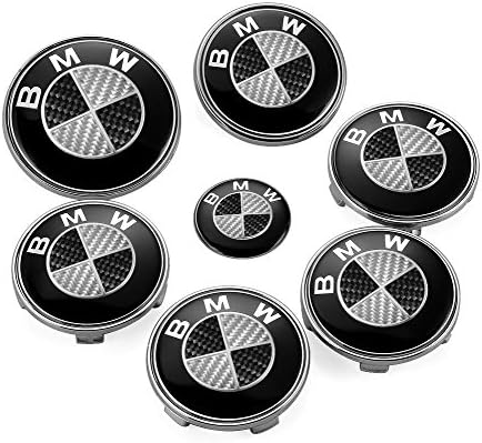Set of 7 BMW Carbon Effect Black &amp; White Logo Badge Emblem Wheel Centre Cap Hub Cap Wheel Cover