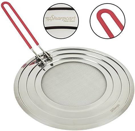 Splatter Screen with Folding Silicone Red Handle - High Quality Stainless Steel - Perfect Cooking Premium Grease Guard - 100% Satisfaction Guarantee