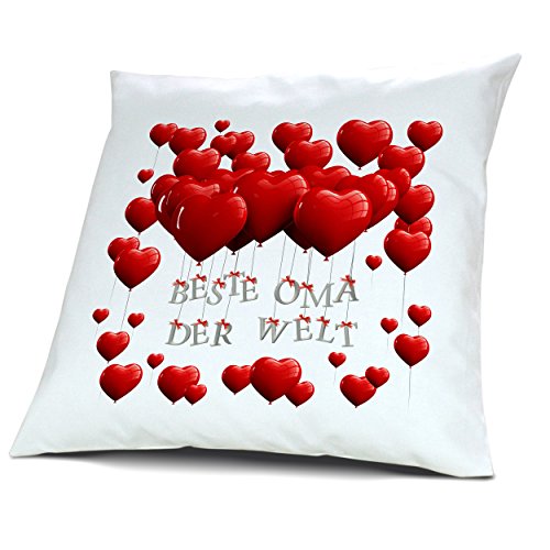 Kopfkissen Beste Oma der Welt, Kissen mit Füllung "Herzballons", 40 cm, 100% Baumwolle, Kuschelkissen, Liebeskissen, Namenskissen, Geschenkidee