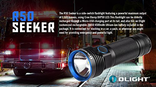 Olight® R50 Seeker Taschenlampe max. 2500 Lumen mit Cree XLamp XHP50 LED und Micro-USB-Ladeanschluss – wiederaufladbar, schwarz - 4