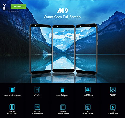 LEAGOO M9 - 5,5 Zoll (18: 9 VerhÃ¤ltnis) Full-HD-Bildschirm 3G Android
7.0 Smartphone, Corning Gorilla Glass 3 Glas, Quad-Kameras, Quad Core
1.3 GHz 2 GB + 16 GB, 2850 mAh Akku - Schwarz