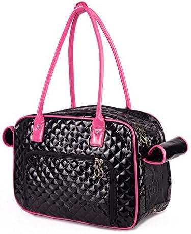 Mirror Surface Faux Leather Tote Purse Dog and Pet Carrier Travel Bag, Black and Pink
