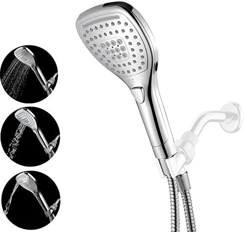 IceMoon Luxury Multi-setting Revolutionary Push-Control Hand Shower Handheld Shower Head with Hose Combo,Push-Control Flow Control Button for easy one-handed operation (Oval Square),Double Interlocked Stainless Steel Hose, angle-adjustable hand shower power suction wall bracket (Premium Chrome)