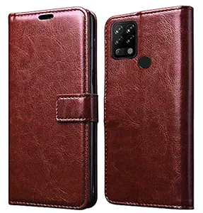 Jkobi Flip Cover Case for Tecno Pova 2 (Leather Finish | Magnetic Closure | Inner TPU | Foldable Stand | Wallet Card Slots | Brown)