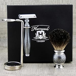Haryali London Mens 4Pc Shaving Kit with Double Edge Safety Razor, Pure Black Badger Hair Brush, Stainless Steel Stand… - Image 3