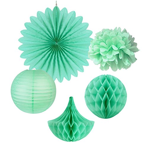SUNBEAUTY Set Tissue Papier Pompom & Fan & Honeycomb Wabenball & Wassertropfen & Lampion Türkis Mint Serie Mixed Hochzeit Geburtstag Feier Party Dekoration