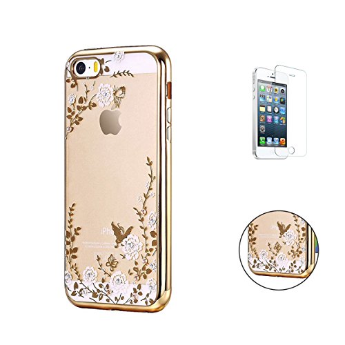 iPhone SE/5S/5 Hülle [Mit Frei HD Schutzfolie],CaseHome Weiße Blumen-Entwurf Ultradünnen TPU Fall [Geheimer Garten] Schmetterling Schutzhülle Kristall Löschen Bling Vergoldet Glitter transparent Silikon Tasche für iPhone SE/5S/5