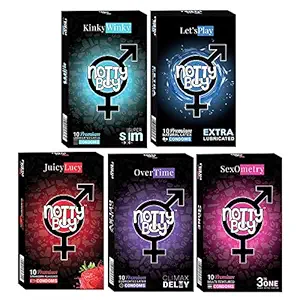 NOTTY BOY Honeymoon Condom Package- Ribbed, Long Lasting, Ultra Thin, Extra Lubricated, Dotted, Strawberry Flavoured and Contour Condoms - (5x10s)