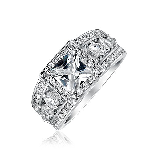 Bling Jewelry Art Deco Stile Princess Piazza Cut Halo AAA CZ Anello di Fidanzamento per Donne Ampia 3 Banda di Riga Argento Sterling