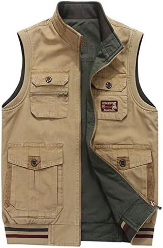 RUIYUNS Men's High Quality Cotton Vest Outdoor Cotton Multi-Pocket Vest Waistcoats Sleeveless Gilets (Khaki, Small)