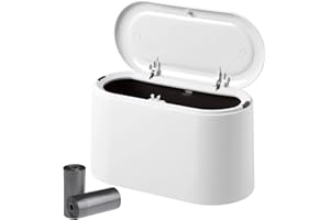 VORHOT Stołowy kosz na śmieci z wysuwaną pokrywą, 2L Mini mały kosz na śmieci z 2 rolkami worków na śmieci, kompaktowa konstrukcja kosz na kosmetyki, plastikowy kosz na śmieci do toaletki