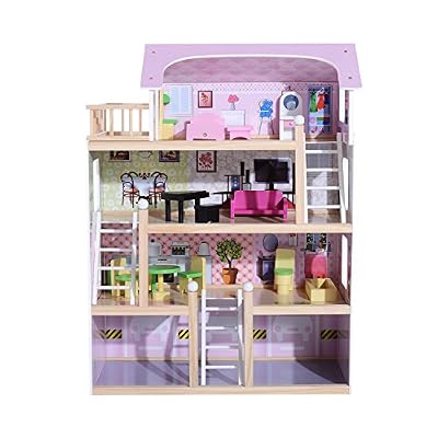Homcom Accessoires de poupées HOMCOM Maison de poupée en bois jeu d'imitation grand réalisme multi-équipement 60l x 30l x 80h cm blanc et rose neuf 011