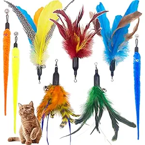 8 Pieces Cat Wand Toy Replacement Refill, Natural Feather Worm Teaser Refills with Bell, Worms Feathers Attachment Replacement for Interactive Cat Wand Toys