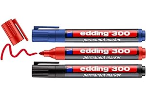 edding 300 marcador permanente - negro, rojo, azul - 3 rotuladores- punta redonda 1,5-3 mm - resistente al agua,de secado rápido,rotuladores indelebles - para cartón,plástico,vidrio, madera, metal