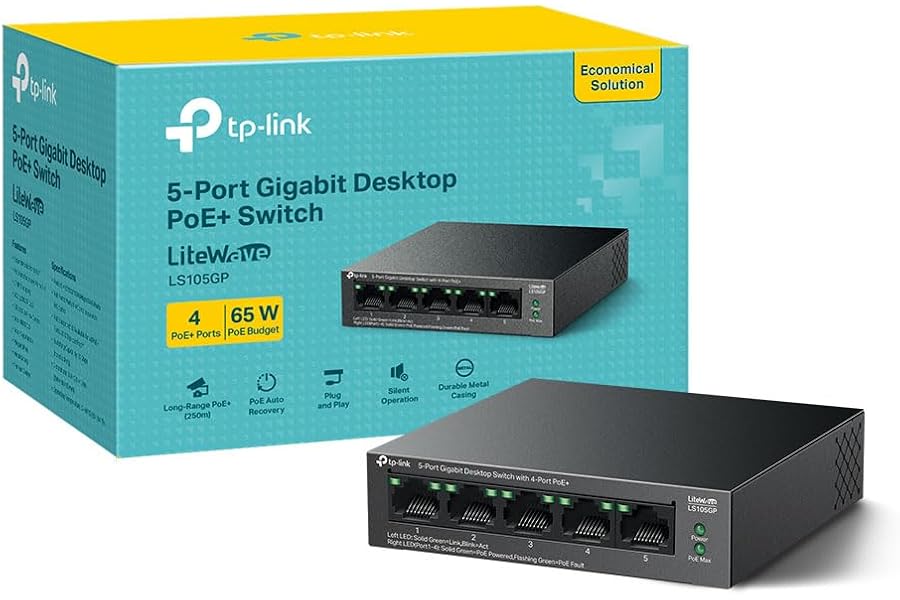 TP-Link LS105GP 5 Port Gigabit PoE Switch, 4x Gigabit PoE+ Ports, 802.3af/at 30W, 65W Total Budget, Network Switch, Power Saving, Plug & Play, Metal Case, Ethernet Switch, Ethernet Splitter