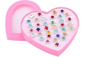 TOYMYTOY Adjustable Rings Set for Little Girls | 36pcs Multi-colored Plastic Heart Rings with Heart Shape Box, Birthday