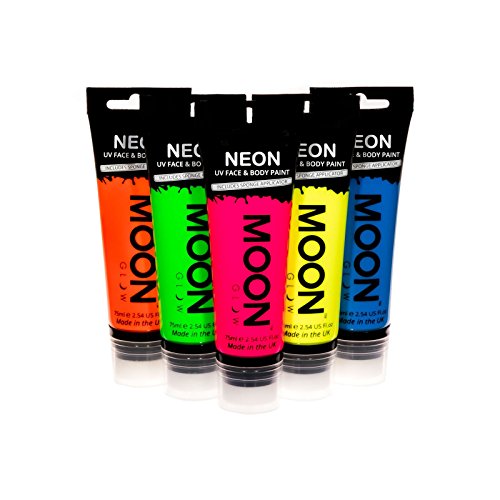 Moon Glow Supersize 75ml Neon UV Face & Body Paint - Set of 5 tubes - with sponge applicator