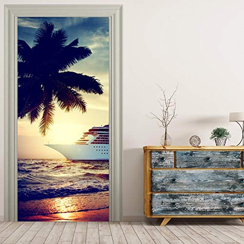 Preisvergleich Produktbild Türaufkleber 3D Tür Aufkleber,Schiff Strand Kokospalme,Diy Abnehmbare Wasserdichte Selbstklebende Wandbilder Tapeten Wand Aufkleber Für Zimmer Schlafzimmer Aufkleber Kunst Home Decor,77 X 200C