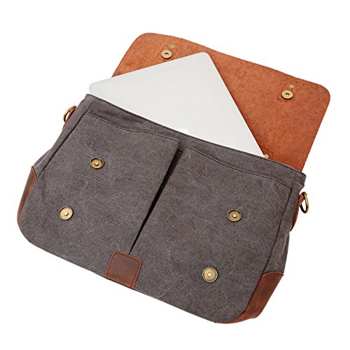 bupell Umhängetasche für Laptop und Akten aus echtem Büffel-Leder und Canvas – Für Notebooks bis 14″ – Unisex Vintage Messenger Bag, Aktentasche, Schultertasche, Notebooktasche – - 9