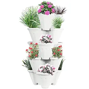 POTS4NATURE Garden Stacking Flower Pot Tower Vertical Plastic Garden Planter Vegetable Flower Strawberry Planter Pot Indoor/Outdoor 5 Tier Gardening Tower for Grow Fresh Herbs-White