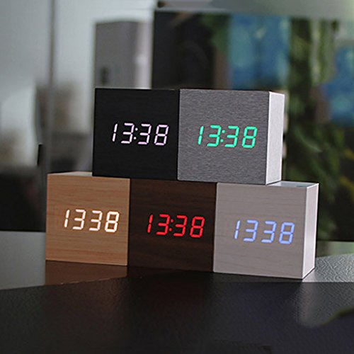 Generic Kantholz LED Alarm Wecker Tischuhr Sprachsteuerung Sensor mit Thermometer Anzeige – Natur + Weiß - 2