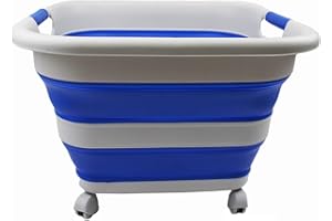 SAMMART Plastic Laundry Basket 39L Collapsible Laundry Basket with Wheels Collapsible Organizer Portable Washing Tub Space Saving Basket (1, Grey/Purplish Blue)