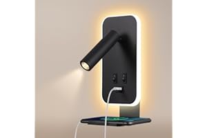 Awekliy Applique murale LED, liseuse de chevet avec interrupteur, Avec port de chargement USB et plateau pour téléphone,éclairage d'ambiance de chambre à coucher Spot réglable (3W 3100K+9W 6000K) Noir