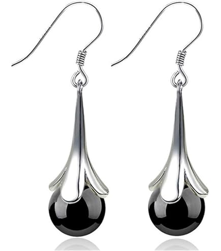 Orecchini Pendenti Donna In Argento Sterling Con Opale Nero – Design Fiore E Foglia, Anallergici, 3,5 Cm