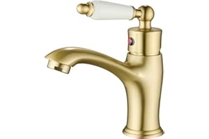 Maynosi Traditional Bathroom Basin Mixer Tap, Luxury Victorian Basin Mixer, Single Lever Mono Sink Tap with Flexible Tails, Retro Ceramic Handle Faucet for Cloakroom, Solid Brass (Brushed Gold)
