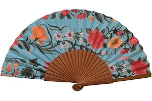 Tusitala Barcelona Ventaglio in Legno e Cotone Rocío - 100% Artigianale e Spagnolo - Include Custodia in Iuta Naturale - Accessorio di Moda Fatto a Mano - Misura 23 cm.
