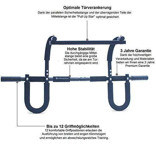Premium Klimmzugstange „Pull Up Star“ von Sportastisch :: speziell verstärkter Stahl und höchste Qualität für bis zu 150kg Belastung :: multifunktional: 12 Griffpositionen :: Mittelstange garantiert maximale Stabilität :: perfekt für Klimmzugtraining zu Hause :: inkl. Montageanleitung :: optimal mit der Premium Klimmzughilfe PullHard erweiterbar :: inklusive 3 Jahren Sportastisch Produktgarantie - 2