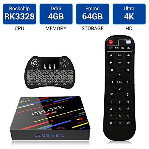 QPLOVE Android 8.1 TV Box avec Mini Clavier sans Fil, Smart TV Box RK3328 Quad Core 64 Bits/Bluetooth 4.0/H.265/3D/2.4G&5GHz Dual WiFi/100M LAN/4K Ultra HD avec écran LED