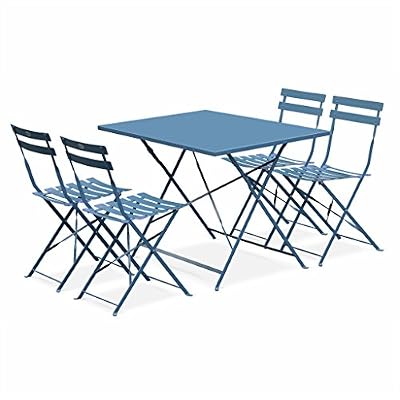 Alice's Garden - Salon de jardin bistrot pliable - Emilia rectangulaire bleu grisé - Table rectangulaire 110x70cm avec quatre chaises pliantes, acier thermolaqué, chaises avec lames incurvées