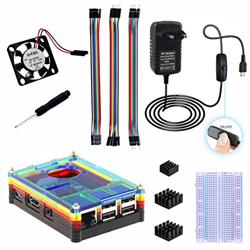 Para Raspberry Pi 3 Modelo B Kit  Carcasa de acr  lico de 9 capas   Cargador de corriente de 3A 5V con interruptor interrumpido   disipadores de calor   ventilador   placa de prueba   l  nea DuPont   Arco iris 