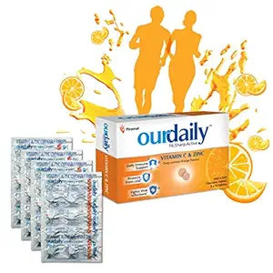 Ourdaily Vitamin C (500mg) & Zinc, chewable tablets, tasty lemony orange flavour - builds immunity against viruses and cold - 60 tablets, Sunset Yellow