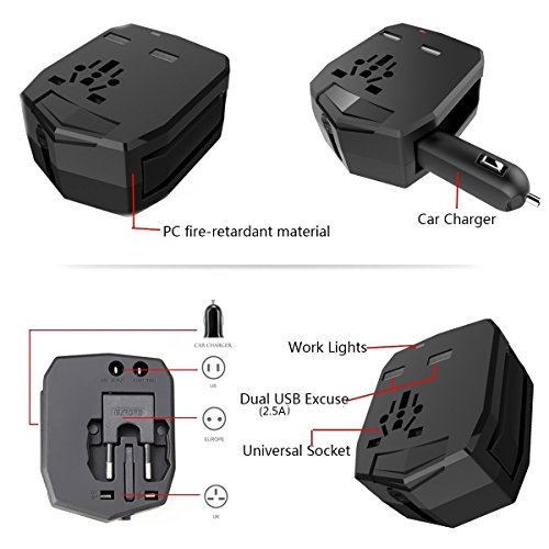 Universal Reisestecker ,KINDEN Reiseadapter(US/EU/UK/AU) Travel Adapter mit 2.5A Dual USB Laden Ladegerät(Schwarz) - 3