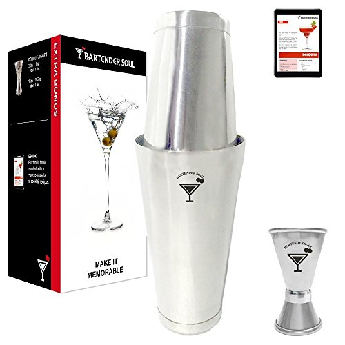 Professioneller Boston Cocktail Shaker Set (530 und 830ml), Elegant Doppelt gewichtet, Solide 0.7mm Dicke, Beständig Authentisch 18/8 304 Grad Edelstahl mit Doppel Jigger und Rezepte