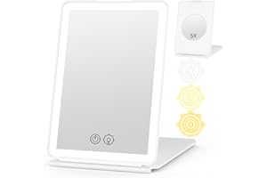 WEILY Espejo Maquillaje con Luz, 5X Espejo Aumento, 3 Regulable Colores Pantalla Táctil Espejo Led, Espejo Tocador USB Recargable para Viajes (Blanco)