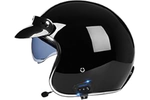 LETETEXI Bluetooth Motorcycle Helmet, PU Leather Helmet 3/4 Motorcycle with Visor ECE Approved Crash Vintage Jet-Helmet for Adult for Biker Cruiser Scooter Touring Helmet (55~64cm)