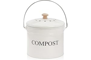 AVLA Metal Kitchen Compost Bin, 3.8L / 1 Gallon Countertop Food Waste Caddy, White Composting Bucket with Handle, Charcoal Filter and Lid, Indoor Composting Container for Organic Recycling